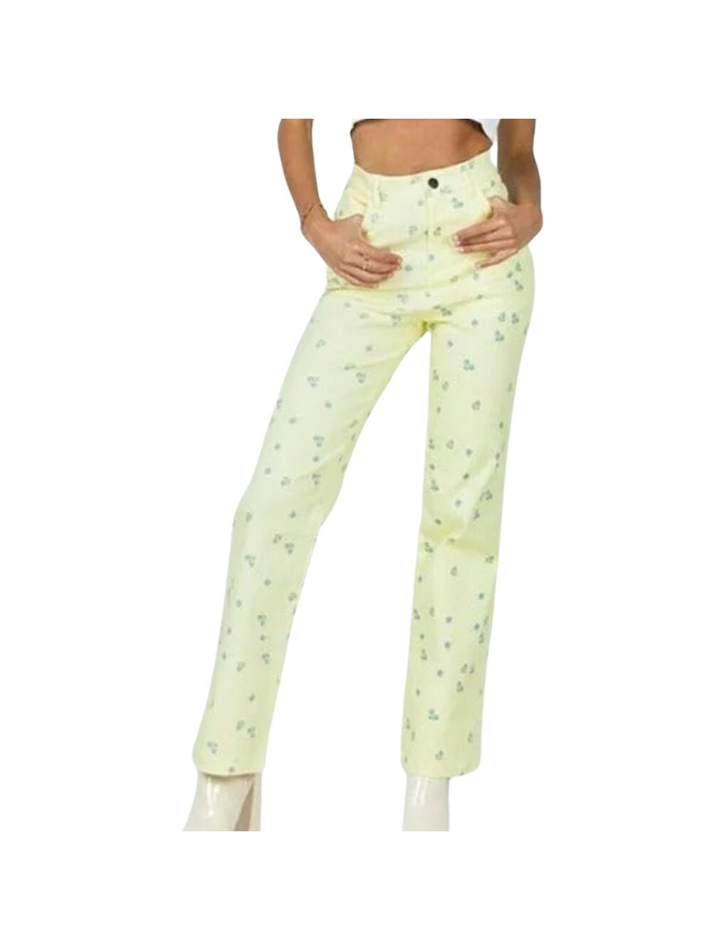 Princess Polly Butter Yellow Blue Ivy Floral High Waist Stretch Jeans Pants Sz S